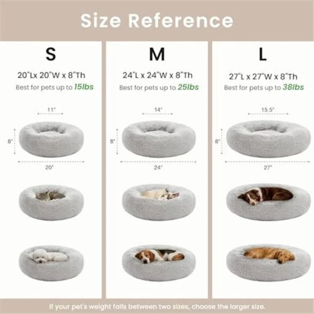 Calming cat bed round donut pet bed fluffy faux fur small medium dogs cats grey